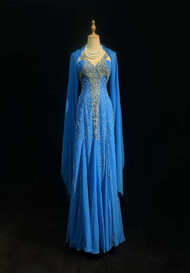 Simple Halter Sheath Blue Long Prom Dresses Beaded Chiffon Evening Dresses Sleeveless Birthday Dresses ED05909