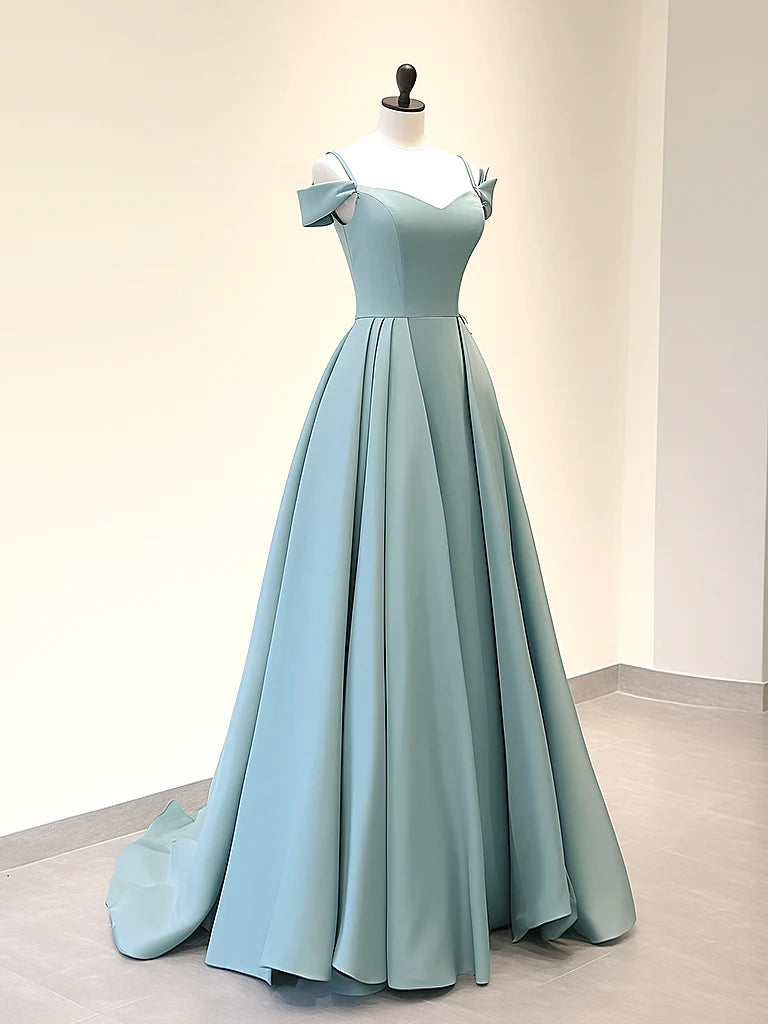 A-Linie Off Shoulder Satin Blau Langes Ballkleid, Blaues Langes Abendkleid ED0590