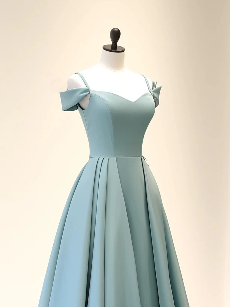 A-Linie Off Shoulder Satin Blau Langes Ballkleid, Blaues Langes Abendkleid ED0590