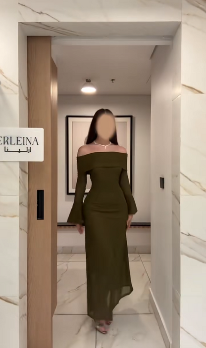 Elegant Sheath Green Long Prom Dresses Tulle Off-shoulder Evening Dresses Long Sleeves Birthday Dresses ED05911