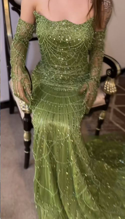 Elegant Sheath Green Long Prom Dresses Beaded Tulle Strapless Evening Dresses Sleeveless Birthday Dresses ED05912