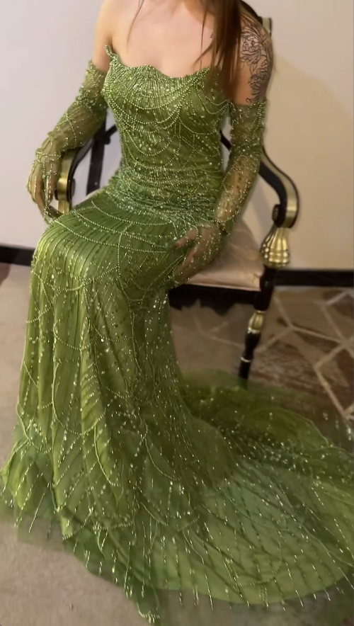 Elegant Sheath Green Long Prom Dresses Beaded Tulle Strapless Evening Dresses Sleeveless Birthday Dresses ED05912