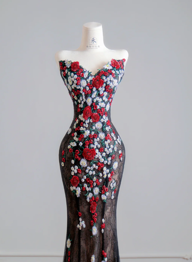 Elegant Mermaid Black Long Prom Dresses Appliques Tulle Strapless Evening Dresses Sleeveless Birthday Dresses ED05913