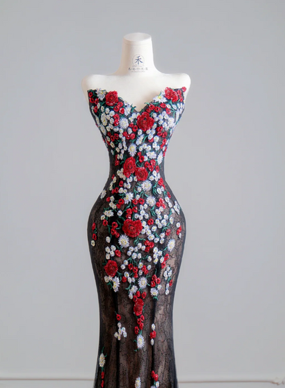 Elegant Mermaid Black Long Prom Dresses Appliques Tulle Strapless Evening Dresses Sleeveless Birthday Dresses ED05913