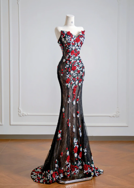 Elegant Mermaid Black Long Prom Dresses Appliques Tulle Strapless Evening Dresses Sleeveless Birthday Dresses ED05913