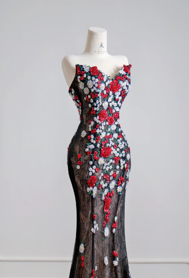 Elegant Mermaid Black Long Prom Dresses Appliques Tulle Strapless Evening Dresses Sleeveless Birthday Dresses ED05913