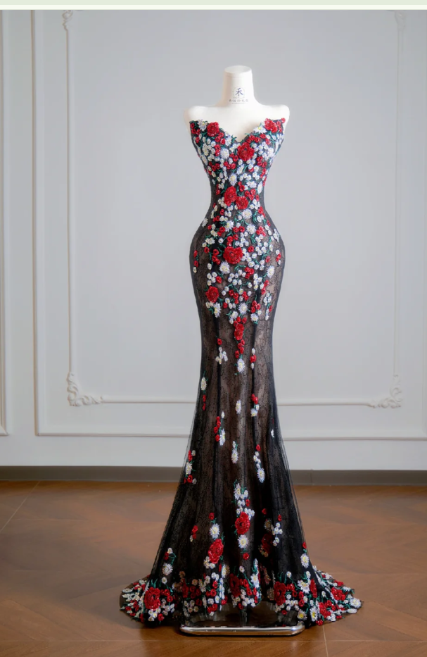 Elegant Mermaid Black Long Prom Dresses Appliques Tulle Strapless Evening Dresses Sleeveless Birthday Dresses ED05913