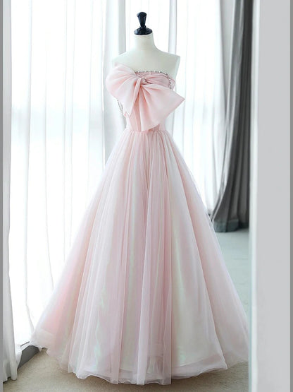 A-Linie Rosa Organza Langes Ballkleid, Rosa Langes Abendkleid ED0591