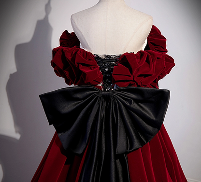 A-Line Off Shoulder Velvet Lace Burgundy Long Prom Dress, Burgundy Long Formal Dress ED0592