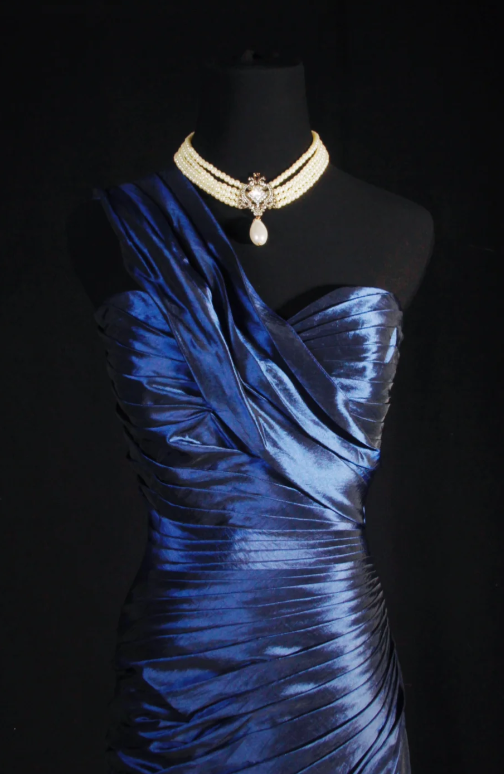 Chic Mermaid Navy Blue Long Prom Dresses Satin One-shoulder Evening Dresses Sleeveless Birthday Dresses ED05920