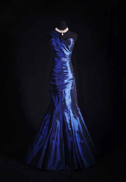 Chic Mermaid Navy Blue Long Prom Dresses Satin One-shoulder Evening Dresses Sleeveless Birthday Dresses ED05920