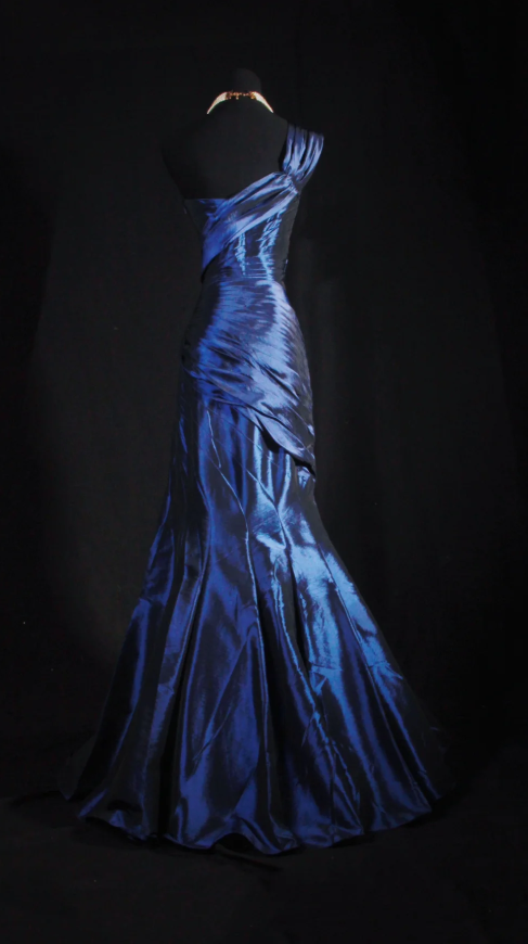 Chic Mermaid Navy Blue Long Prom Dresses Satin One-shoulder Evening Dresses Sleeveless Birthday Dresses ED05920