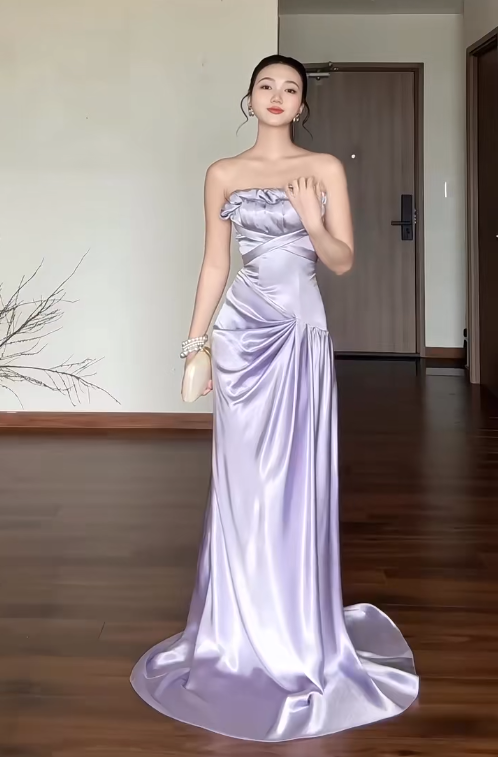 Chic Sheath Purple Long Prom Dresses Satin Strapless Evening Dresses Sleeveless Birthday Dresses ED05923