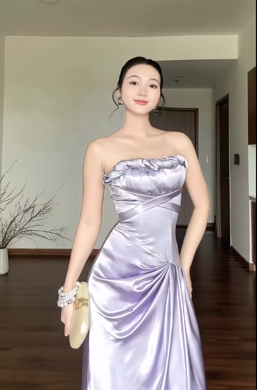 Chic Sheath Purple Long Prom Dresses Satin Strapless Evening Dresses Sleeveless Birthday Dresses ED05923