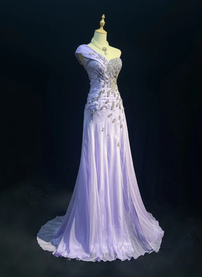 Vintage Sheath Purple Long Prom Dresses Beaded Chiffon One-shoulder Long Evening Dresses Sleeveless Birthday Dresses ED05926