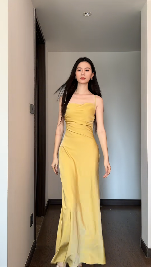 Simple Sheath Yellow Wedding Guest Dress Satin Spaghetti-Strap Long Evening Dress ED05927