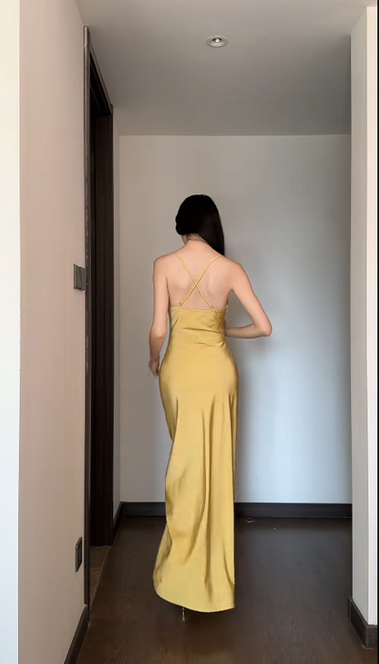 Simple Sheath Yellow Wedding Guest Dress Satin Spaghetti-Strap Long Evening Dress ED05927