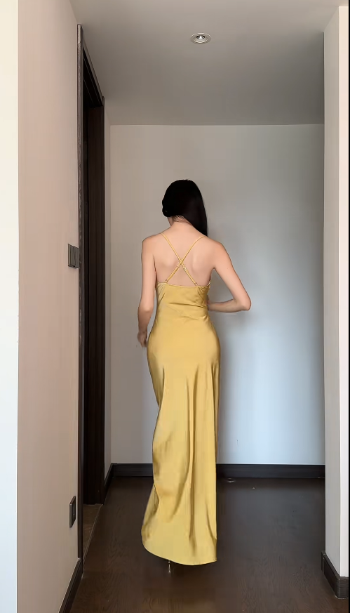 Simple Sheath Yellow Wedding Guest Dress Satin Spaghetti-Strap Long Evening Dress ED05927