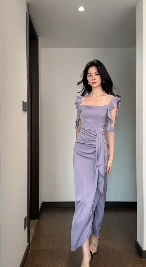 Simple Sheath Purple Wedding Guest Dresses Satin Straps Long Evening Dresses  ED05928