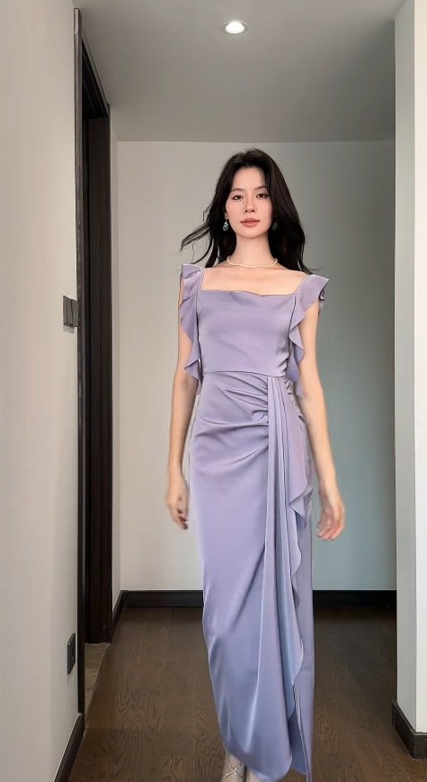 Simple Sheath Purple Wedding Guest Dresses Satin Straps Long Evening Dresses  ED05928