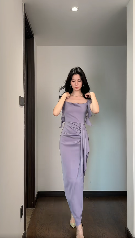 Simple Sheath Purple Wedding Guest Dresses Satin Straps Long Evening Dresses  ED05928