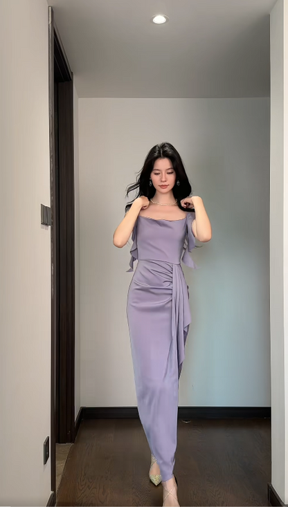 Simple Sheath Purple Wedding Guest Dresses Satin Straps Long Evening Dresses  ED05928