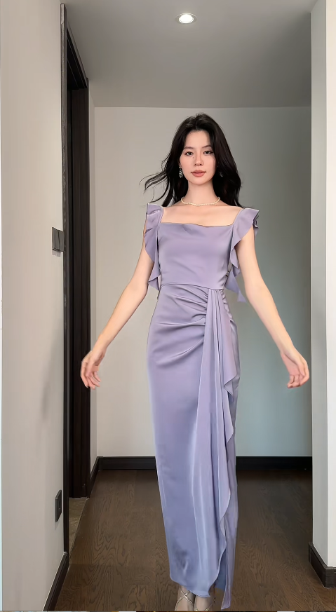 Simple Sheath Purple Wedding Guest Dresses Satin Straps Long Evening Dresses  ED05928