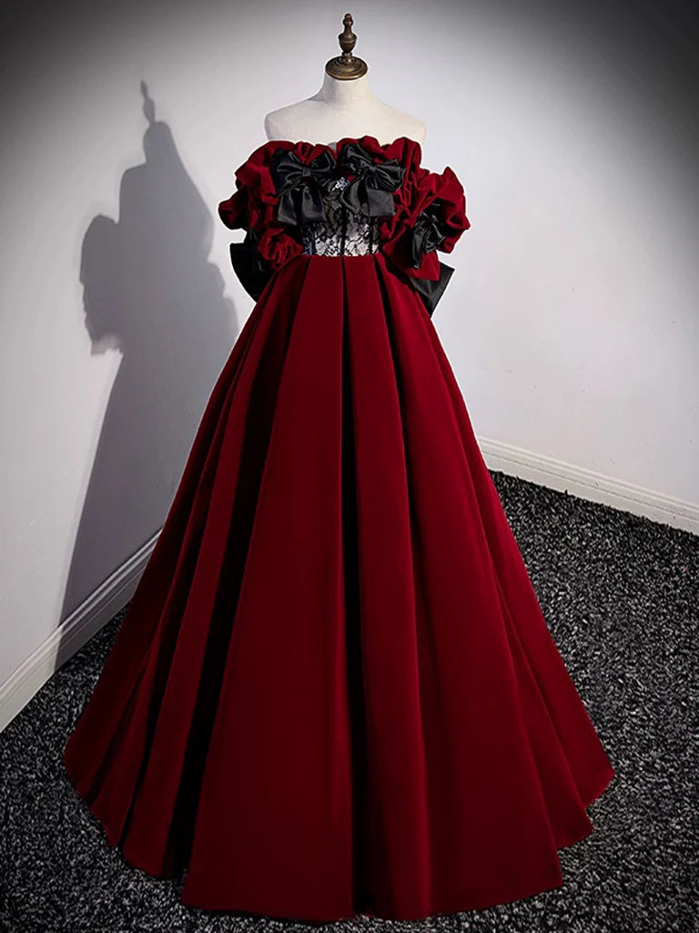 A-Line Off Shoulder Velvet Lace Burgundy Long Prom Dress, Burgundy Long Formal Dress ED0592