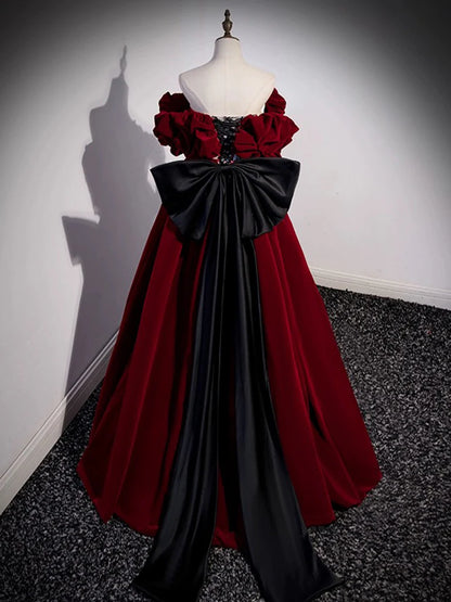 A-Line Off Shoulder Velvet Lace Burgundy Long Prom Dress, Burgundy Long Formal Dress ED0592