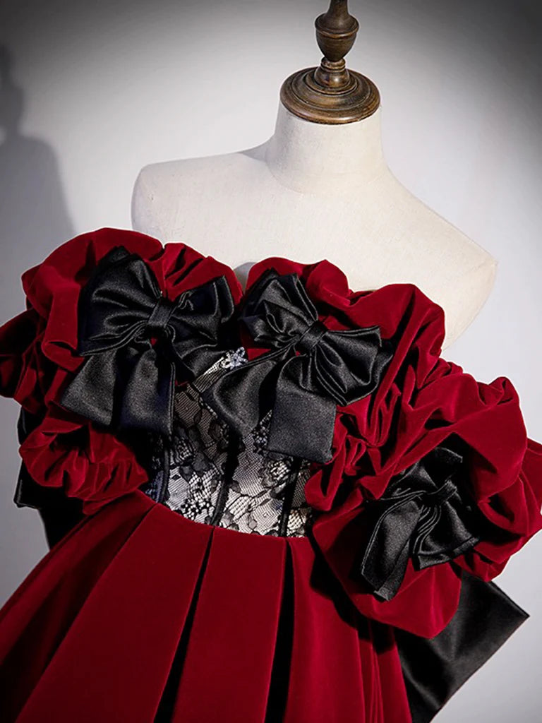 A-Line Off Shoulder Velvet Lace Burgundy Long Prom Dress, Burgundy Long Formal Dress ED0592