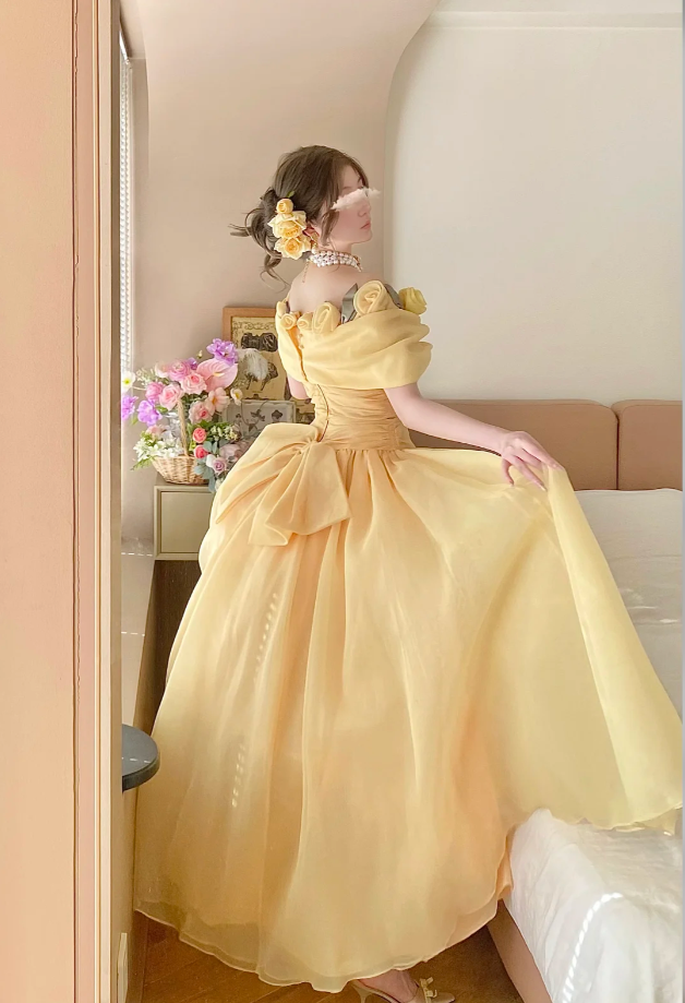 Fairy A-Line Yellow Long Prom Dresses Tulle Off-shoulder Birthday Dresses  ED05930