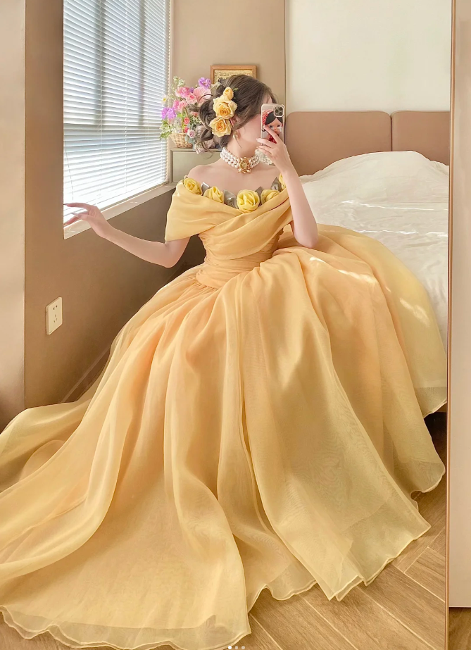 Fairy A-Line Yellow Long Prom Dresses Tulle Off-shoulder Birthday Dres – EvaFashionDress