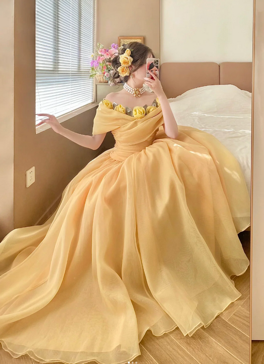Fairy A-Line Yellow Long Prom Dresses Tulle Off-shoulder Birthday Dresses  ED05930