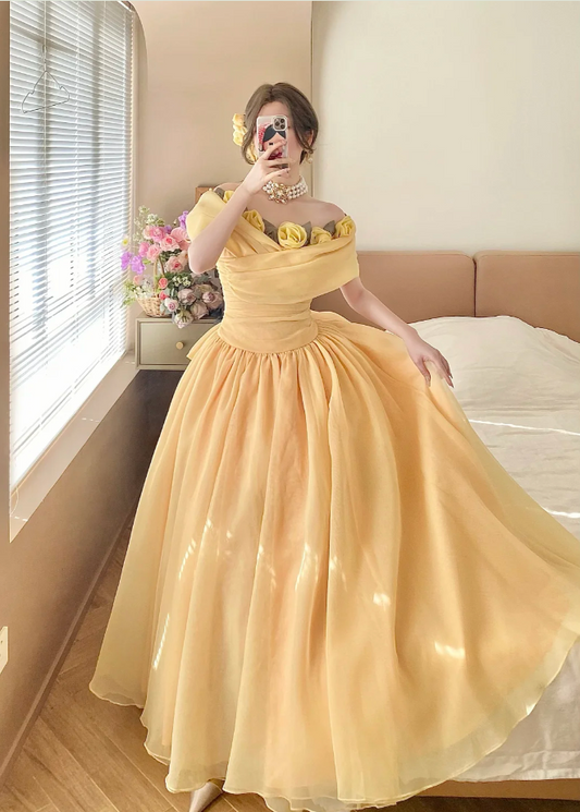 Fairy A-Line Yellow Long Prom Dresses Tulle Off-shoulder Birthday Dresses  ED05930