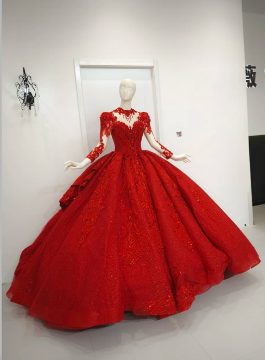 Gorgeous A-Line Long Prom Dress, Tulle Burgundy Quinceañera Dress, V-neck Long Sleeve Sweet 16 Dress ED05931