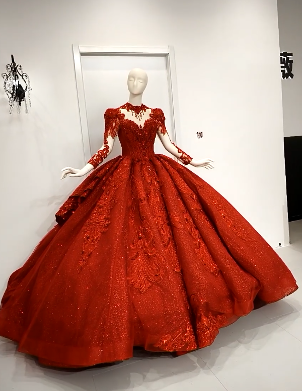 Gorgeous A-Line Long Prom Dress, Tulle Burgundy Quinceañera Dress, V-neck Long Sleeve Sweet 16 Dress ED05931