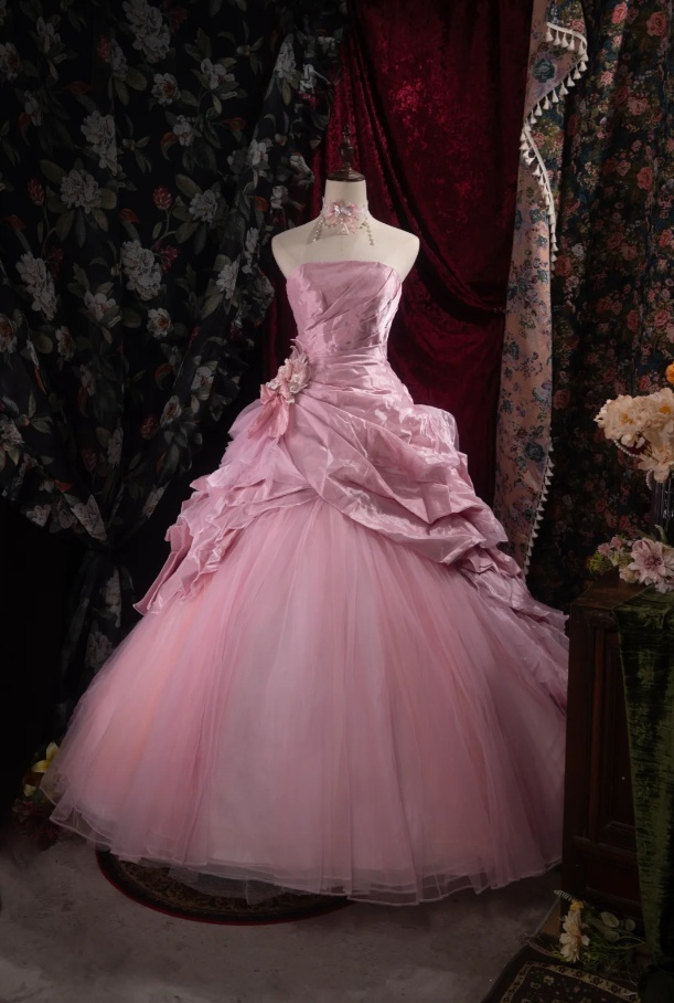 Gorgeous Ball Gown Tulle Long Prom Dress, Pink Quinceañera Dress, Strapless Sweet 16 Dress ED05932