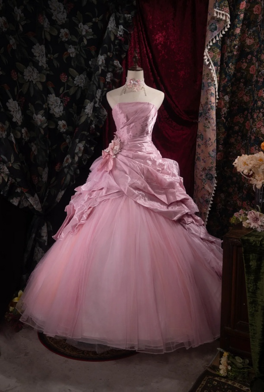 Gorgeous Ball Gown Tulle Long Prom Dress, Pink Quinceañera Dress, Strapless Sweet 16 Dress ED05932