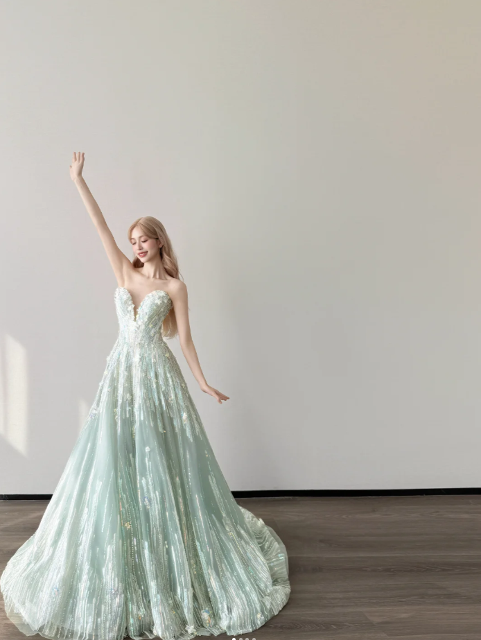 Gorgeous A-Line Tulle Long Prom Dresses Sequins Mint Green Quinceanera Dresses Sweetheart Sweet 16 Dresses ED05933