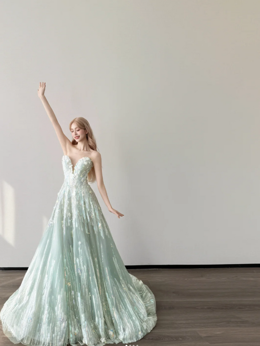 Gorgeous A-Line Tulle Long Prom Dresses Sequins Mint Green Quinceanera Dresses Sweetheart Sweet 16 Dresses ED05933
