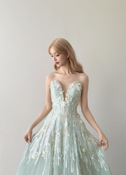 Gorgeous A-Line Tulle Long Prom Dresses Sequins Mint Green Quinceanera Dresses Sweetheart Sweet 16 Dresses ED05933