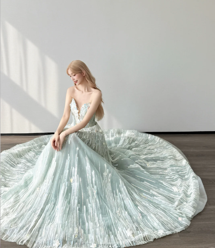 Gorgeous A-Line Tulle Long Prom Dresses Sequins Mint Green Quinceanera Dresses Sweetheart Sweet 16 Dresses ED05933