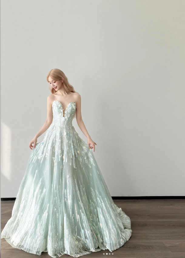 Gorgeous A-Line Tulle Long Prom Dresses Sequins Mint Green Quinceanera Dresses Sweetheart Sweet 16 Dresses ED05933
