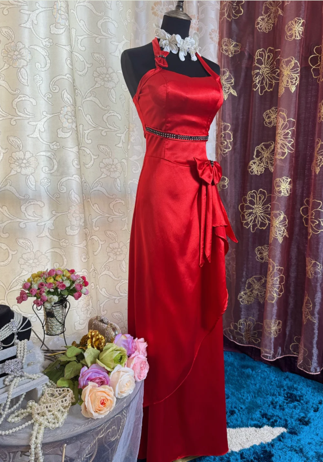 Elegant Sheath Long Prom Dress Satin Halter Evening Dress Burgundy Mother of Bride Dresses ED05934