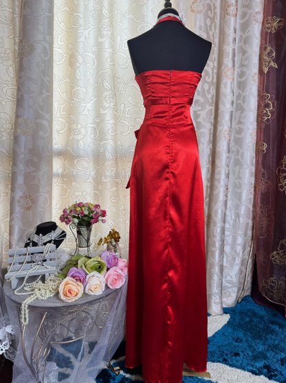 Elegant Sheath Long Prom Dress Satin Halter Evening Dress Burgundy Mother of Bride Dresses ED05934