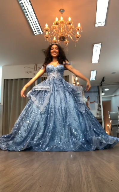 Cute Blue A-Line Long Prom Dress Tulle Sequins Off-shoulder Quinceanera Dresses Sleeveless Sweet 16 Dresses ED05937