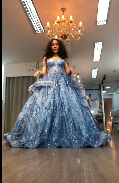 Cute Blue A-Line Long Prom Dress Tulle Sequins Off-shoulder Quinceanera Dresses Sleeveless Sweet 16 Dresses ED05937