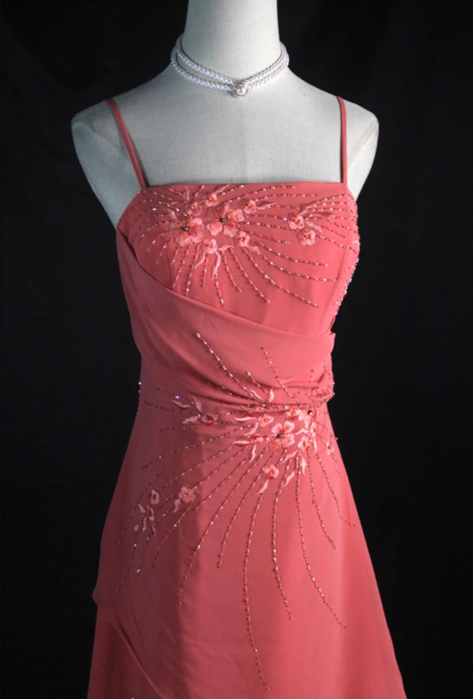 Vintage Wetermelon Sheath Long Prom Dress Chiffon Beaded Spaghetti Straps Evening Dresses Sleeveless Formal Dresses ED05939