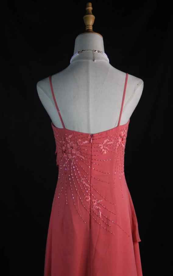 Vintage Wetermelon Sheath Long Prom Dress Chiffon Beaded Spaghetti Straps Evening Dresses Sleeveless Formal Dresses ED05939