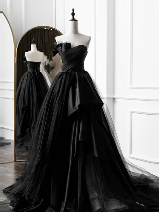 Robe de bal longue noire en satin, coupe trapèze, simple, robe de soirée longue noire ED0593